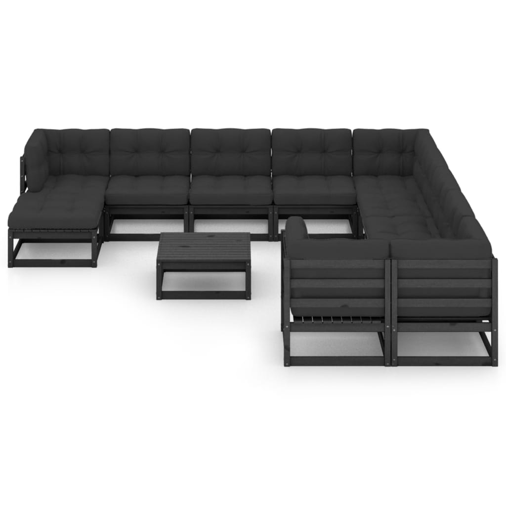 Salon de jardin 12 pcs avec coussins Noir Bois de pin massif