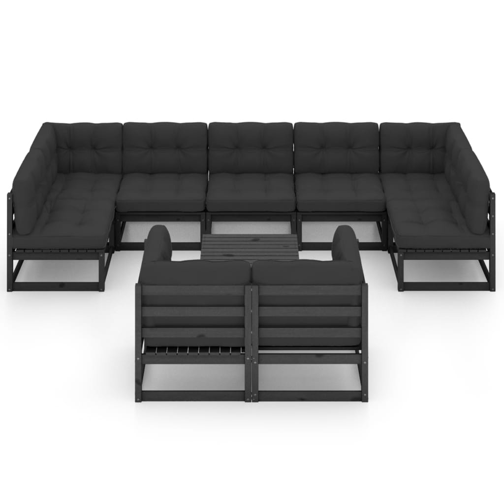 Salon de jardin 10 pcs avec coussins Noir Bois de pin massif