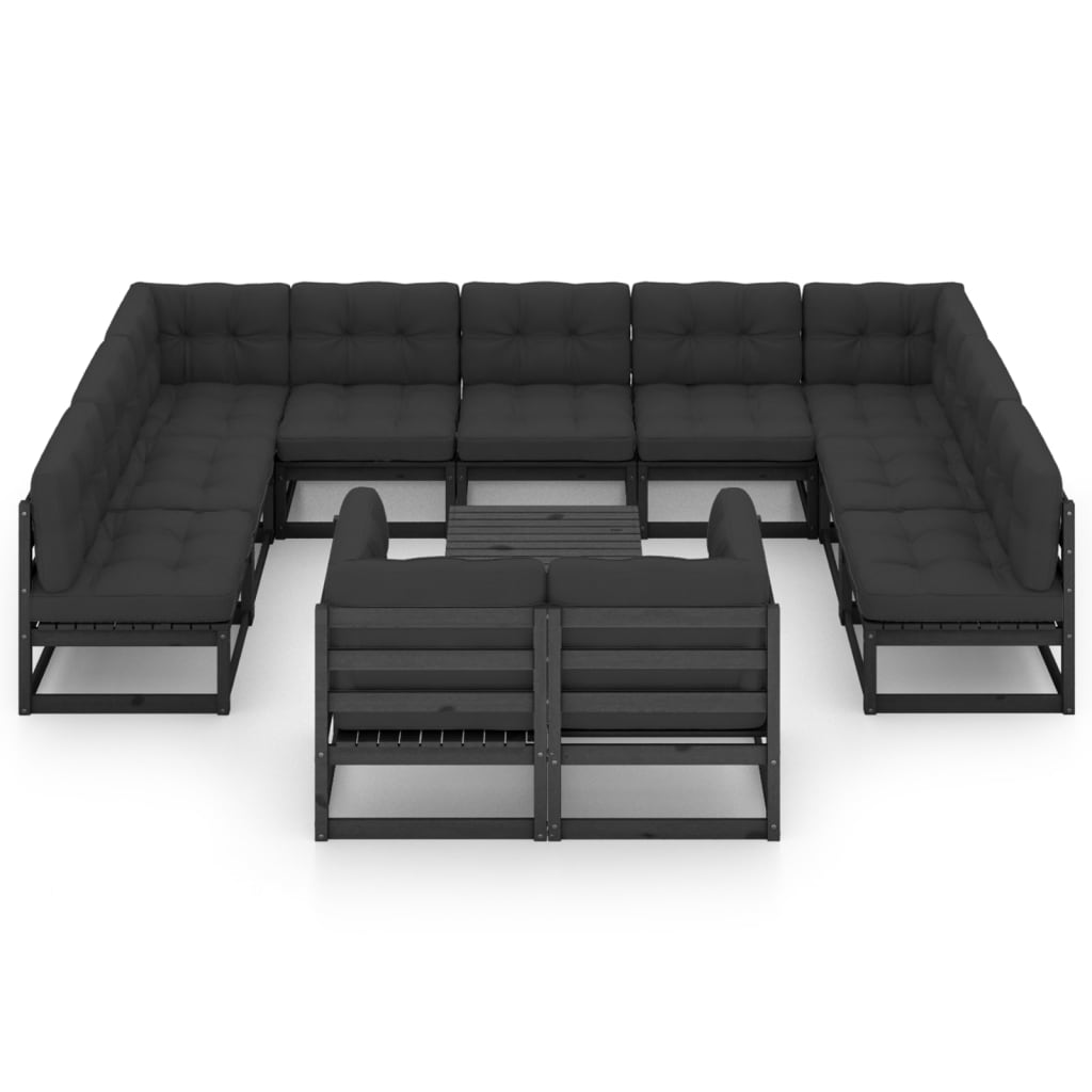 Salon de jardin 12 pcs avec coussins Noir Bois de pin massif