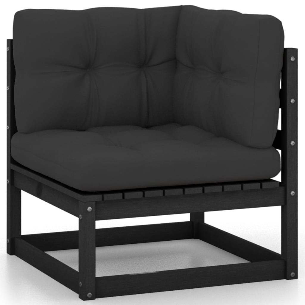 Salon de jardin 13 pcs avec coussins noir bois de pin massif
