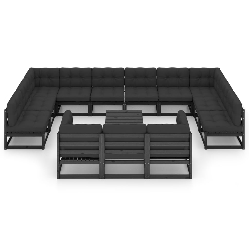 Salon de jardin 14 pcs avec coussins Noir Bois de pin massif