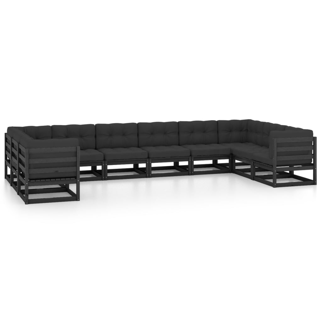 Salon de jardin 10 pcs avec coussins Noir Bois de pin massif