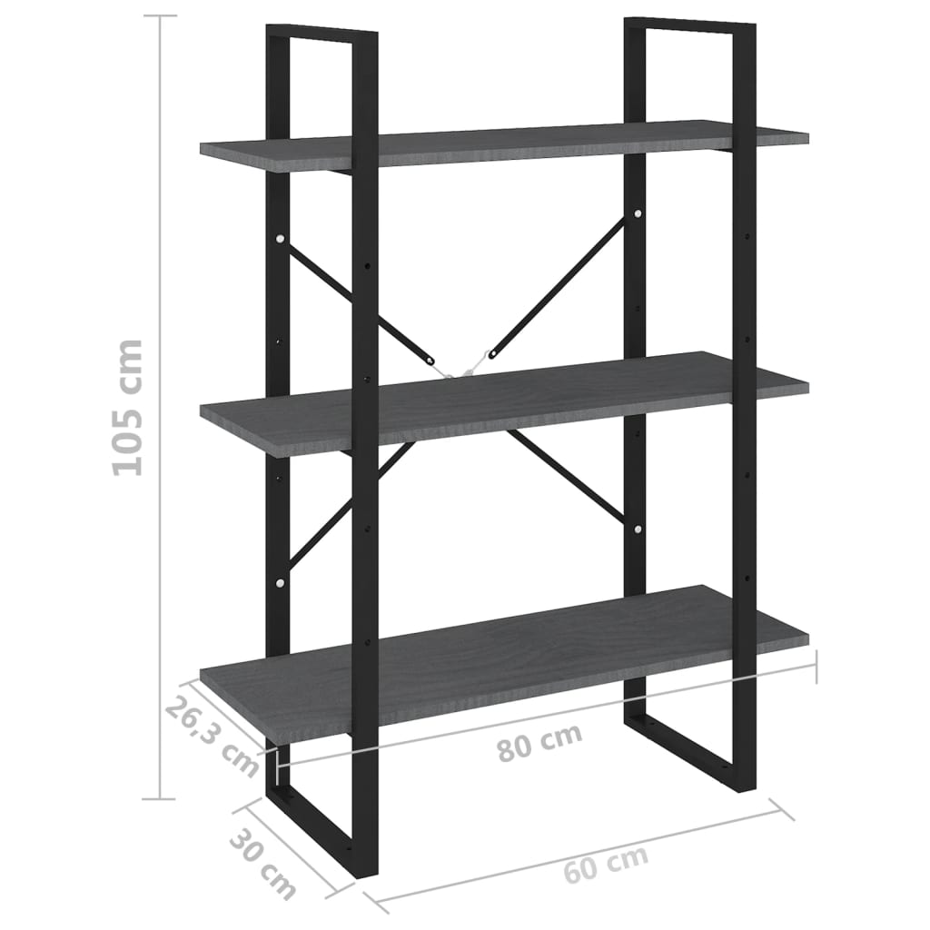 Bibliothèque à 3 niveaux Gris 80x30x105 cm Bois de pin massif