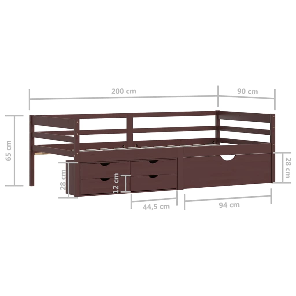 Cadre de lit avec tiroirs et armoire Marron foncé Pin 90x200 cm