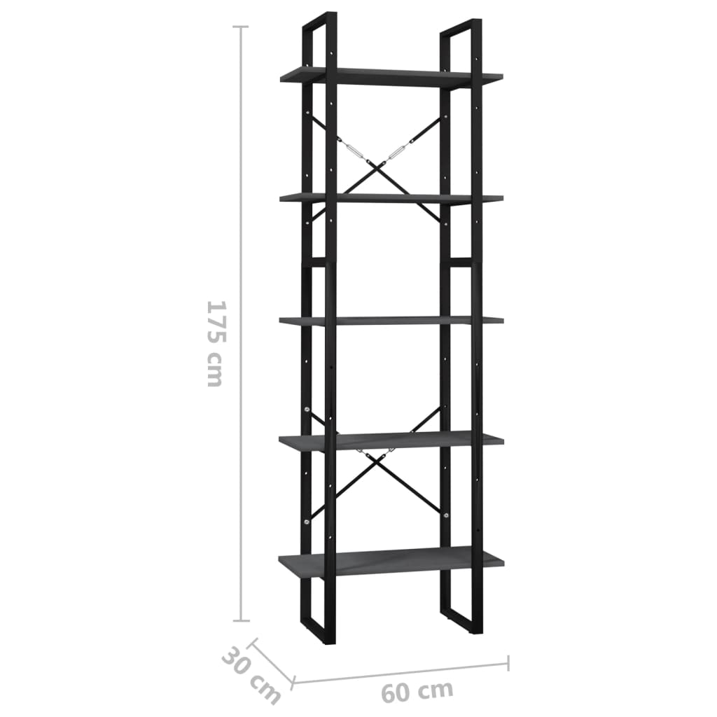 Bibliothèque à 5 niveaux Gris 60x30x175 cm Bois de pin