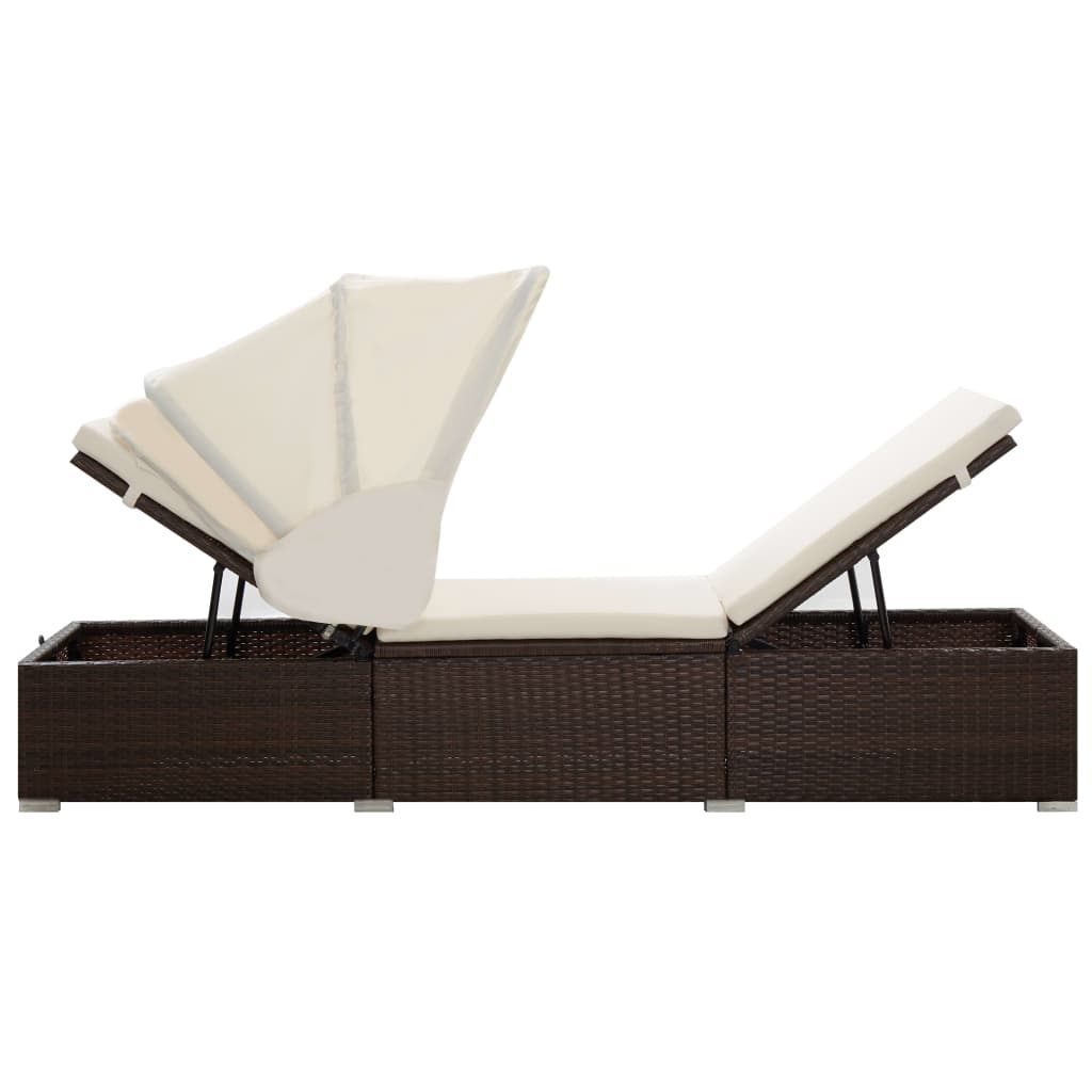 Chaise longue avec auvent et coussin résine tressée marron