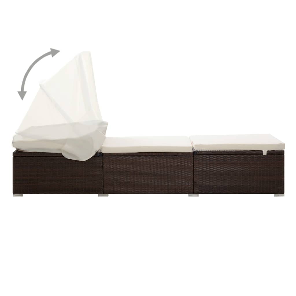 Chaise longue avec auvent et coussin résine tressée marron