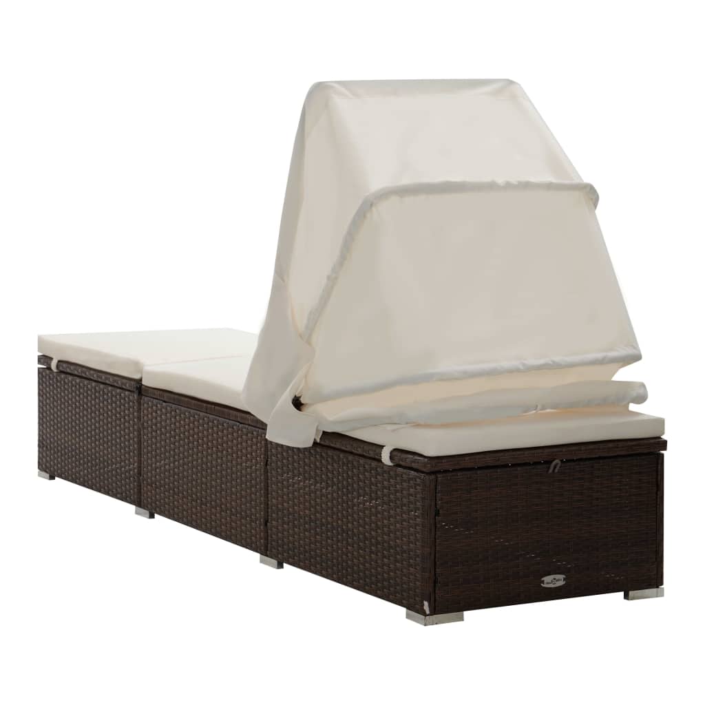 Chaise longue avec auvent et coussin résine tressée marron