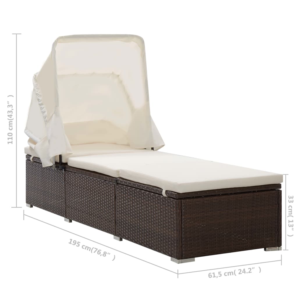 Chaise longue avec auvent et coussin résine tressée marron