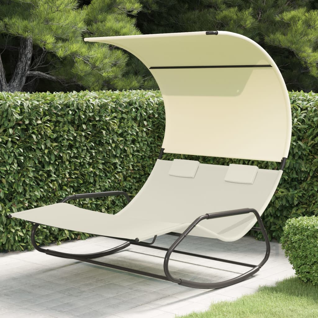 Chaise longue double à bascule avec auvent Crème