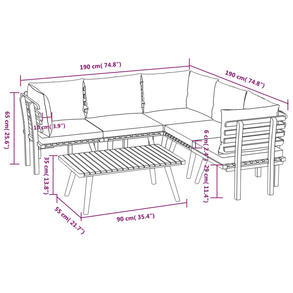 Salon de jardin 6 pcs avec coussins Bois d'acacia solide