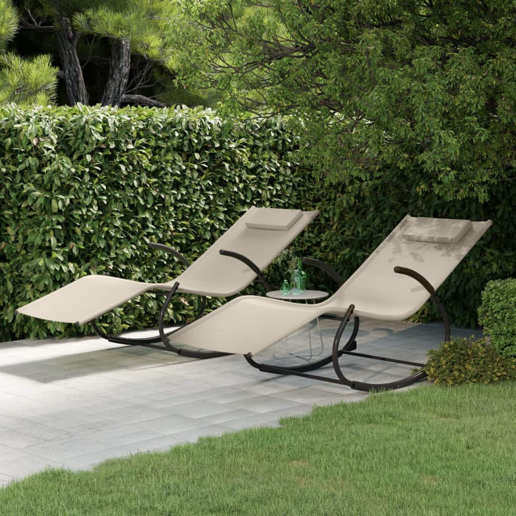 Chaises longues à bascule 2 pcs Crème Acier et textilène