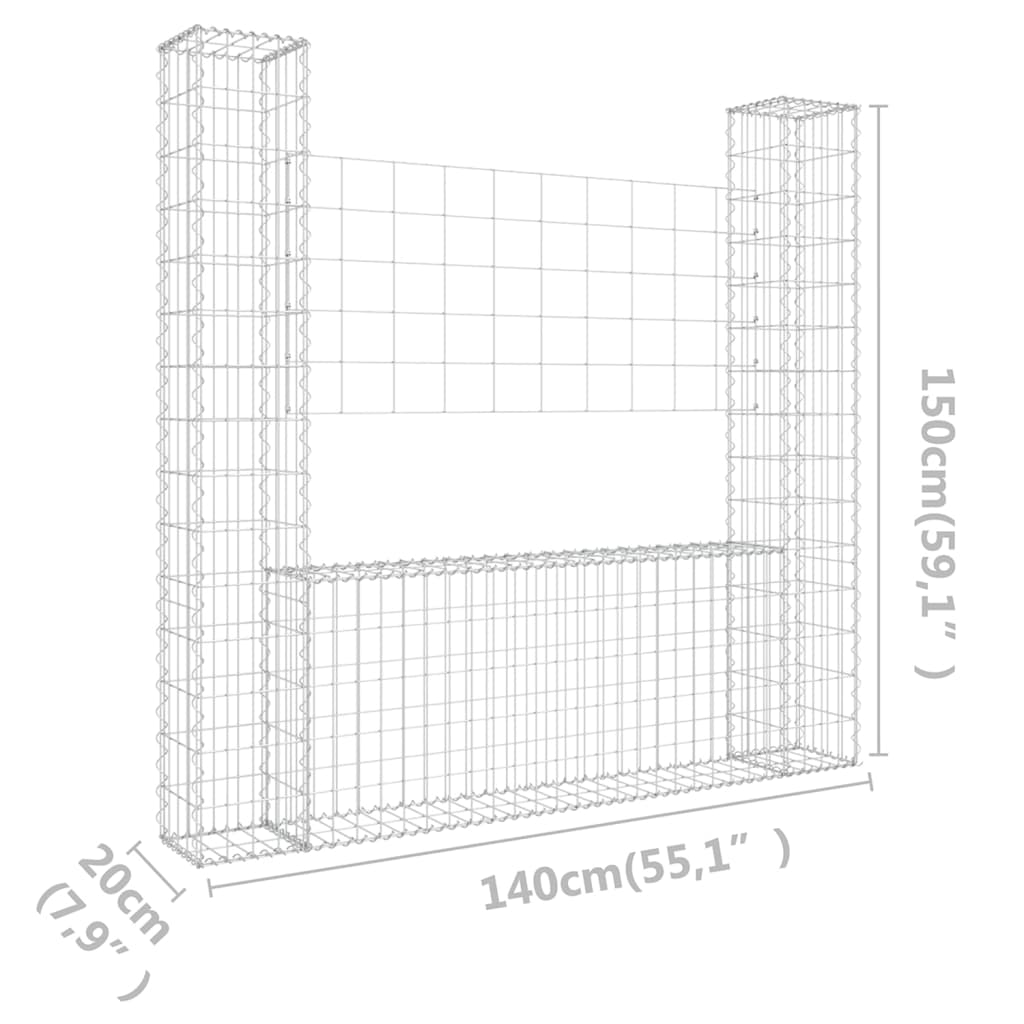 Panier de gabion en forme de U avec 2 poteaux Fer 140x20x150 cm