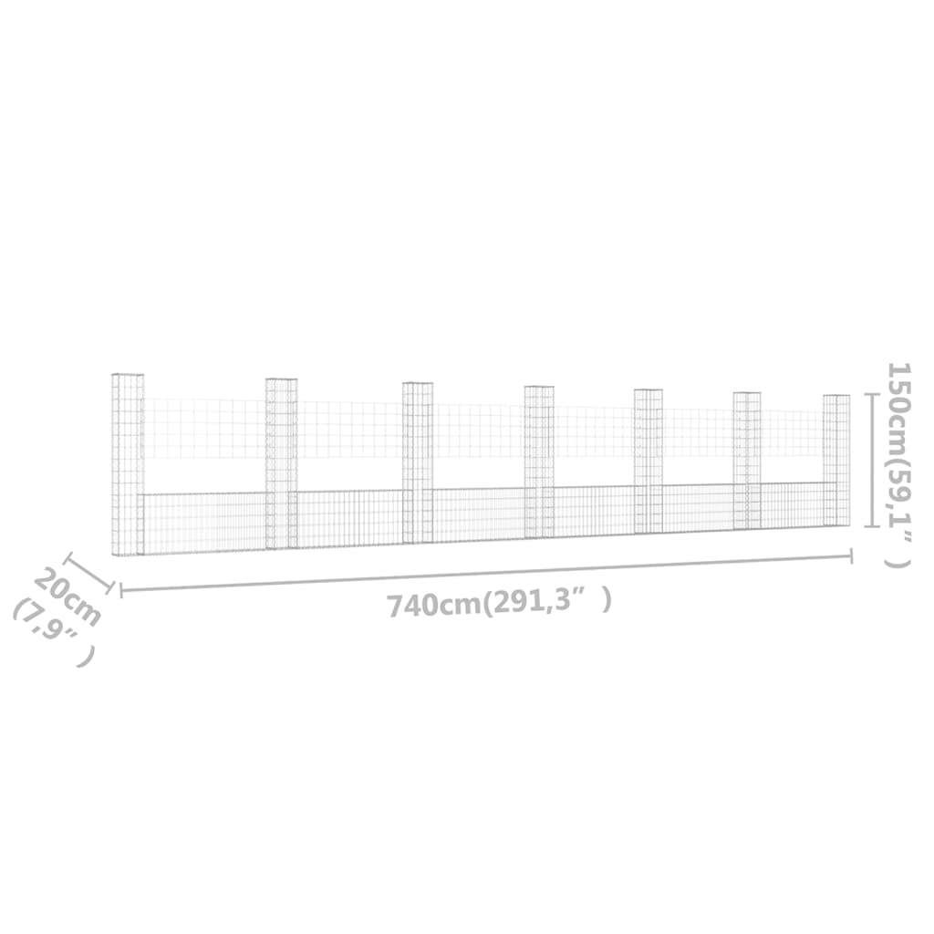 Panier de gabion en forme de U avec 7 poteaux Fer 740x20x150 cm