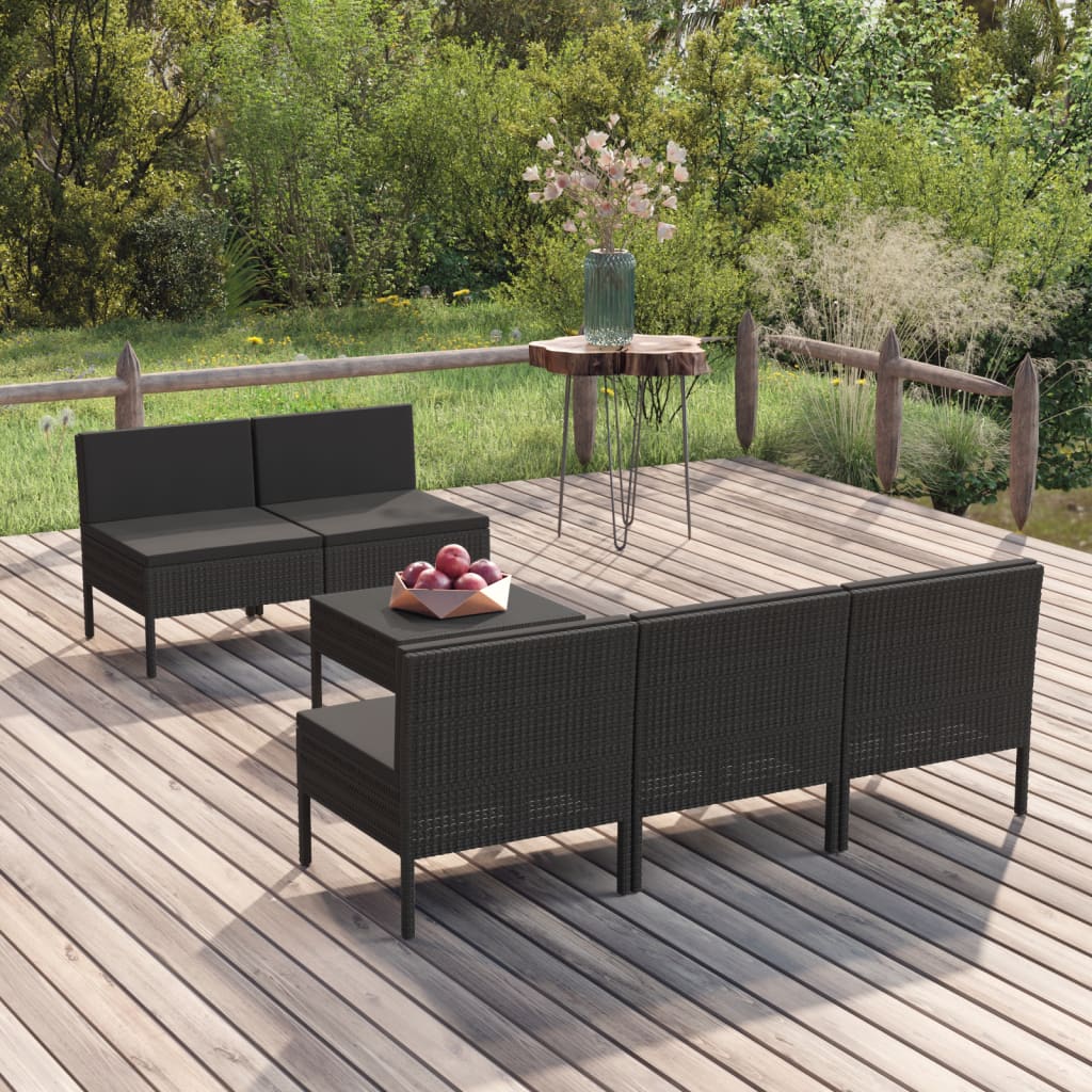 Salon de jardin 6 pcs avec coussins Résine tressée Noir