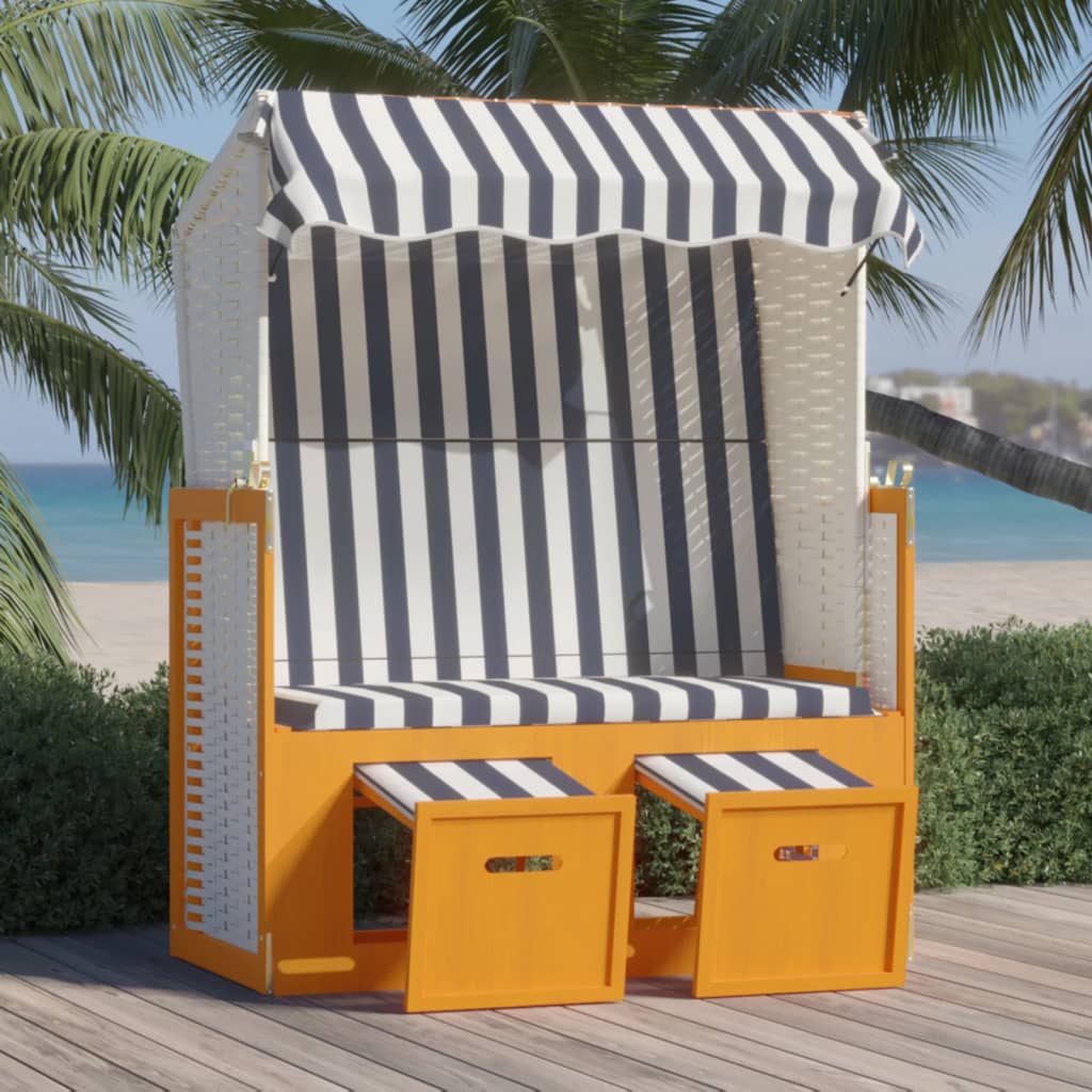 Strandkorb avec auvent Résine tressée et bois solide Blanc bleu