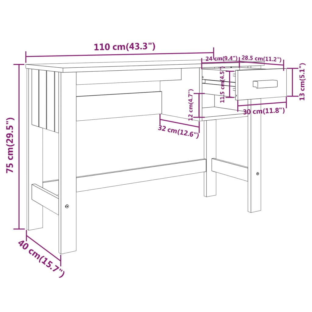 Bureau Blanc 110x40x75 cm Bois massif de pin