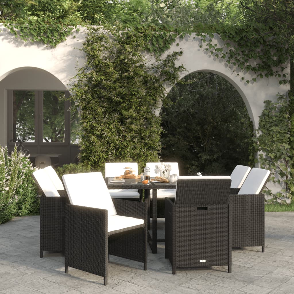 Mobilier à dîner de jardin et coussins 9pcs Résine tressée Noir