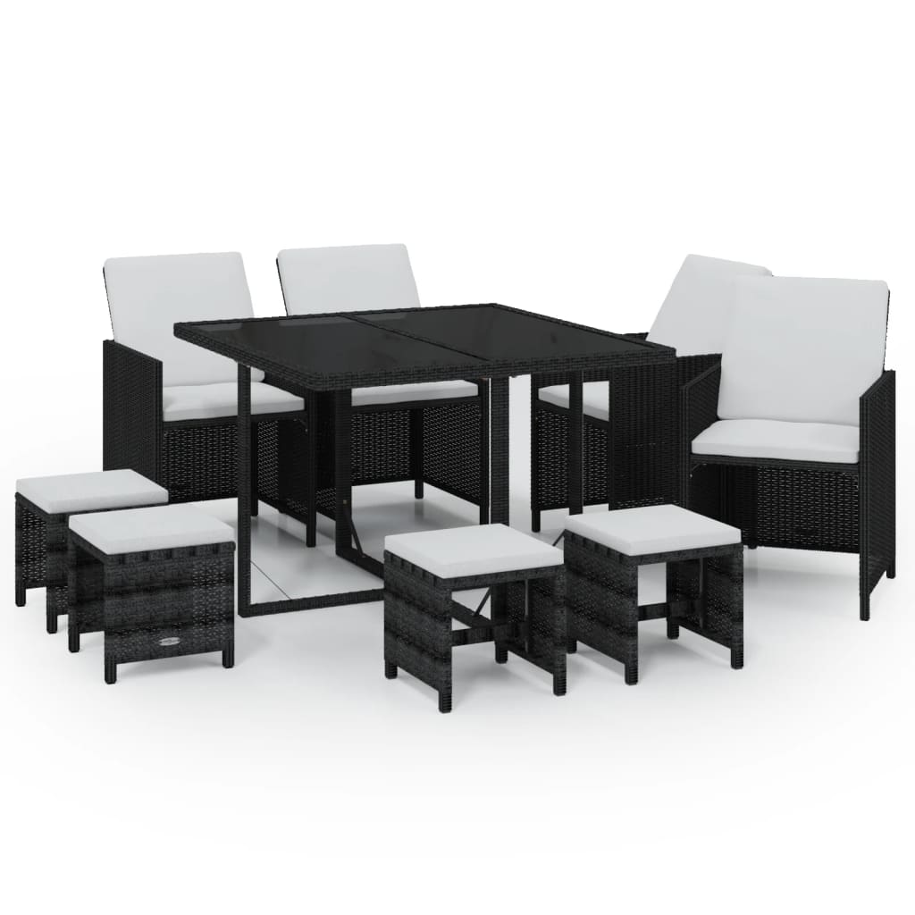 Mobilier à dîner de jardin et coussins 9pcs Résine tressée Noir