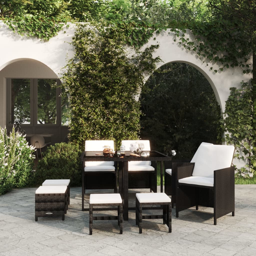 Mobilier à dîner de jardin et coussins 9pcs Résine tressée Noir