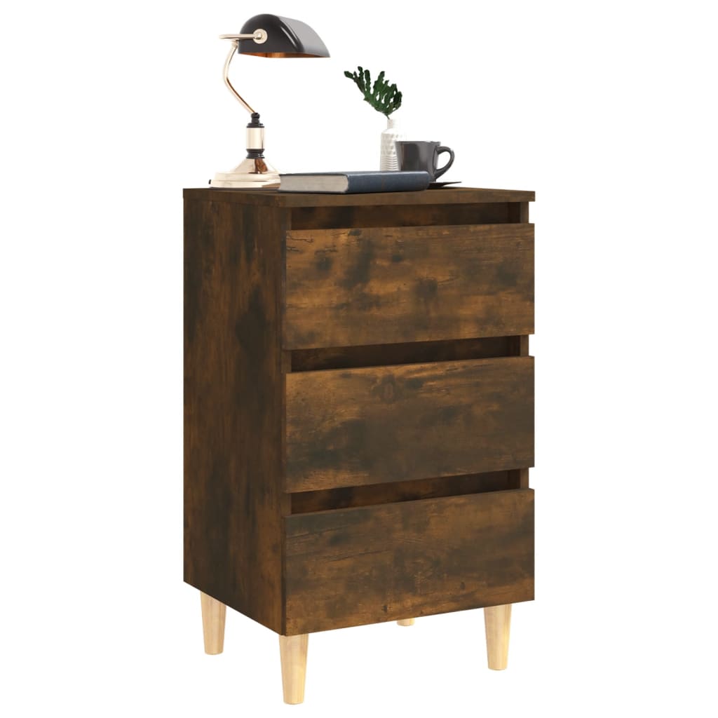 Table de chevet avec pieds en bois solide Chêne fumé 40x35x69cm