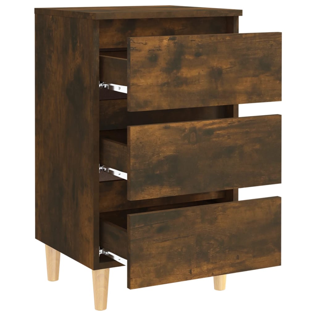 Table de chevet avec pieds en bois solide Chêne fumé 40x35x69cm