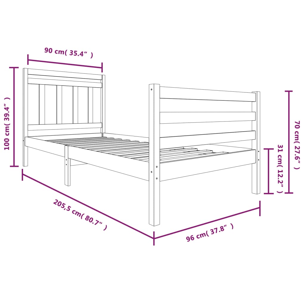 Cadre de lit Blanc Bois massif 90x200 cm