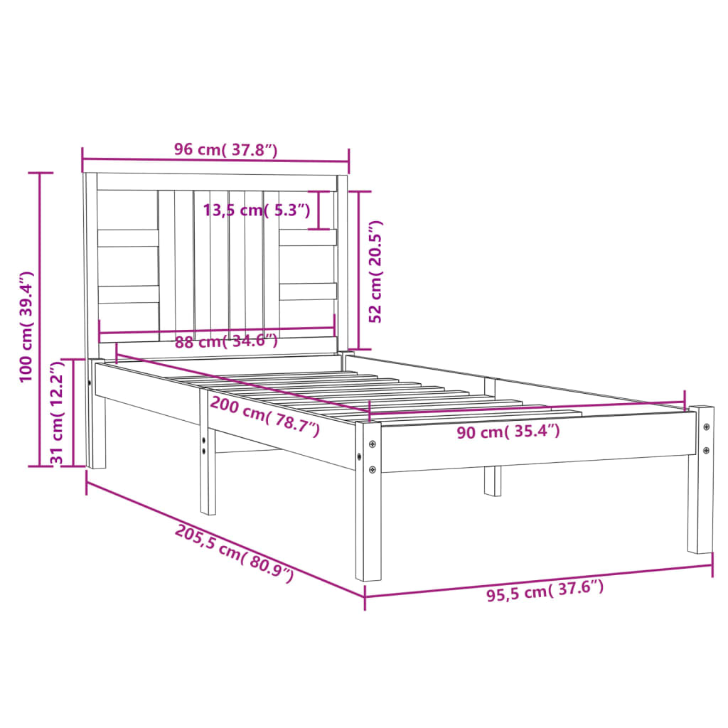 Cadre de lit Blanc Bois massif 90x200 cm
