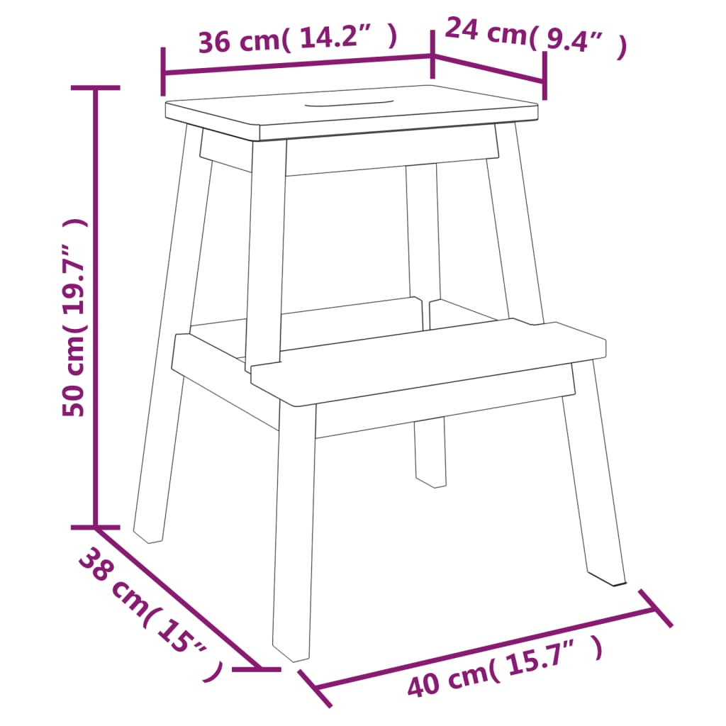 Tabouret-escabeau 2 marches 40x38x50 cm Bois d'acacia solide