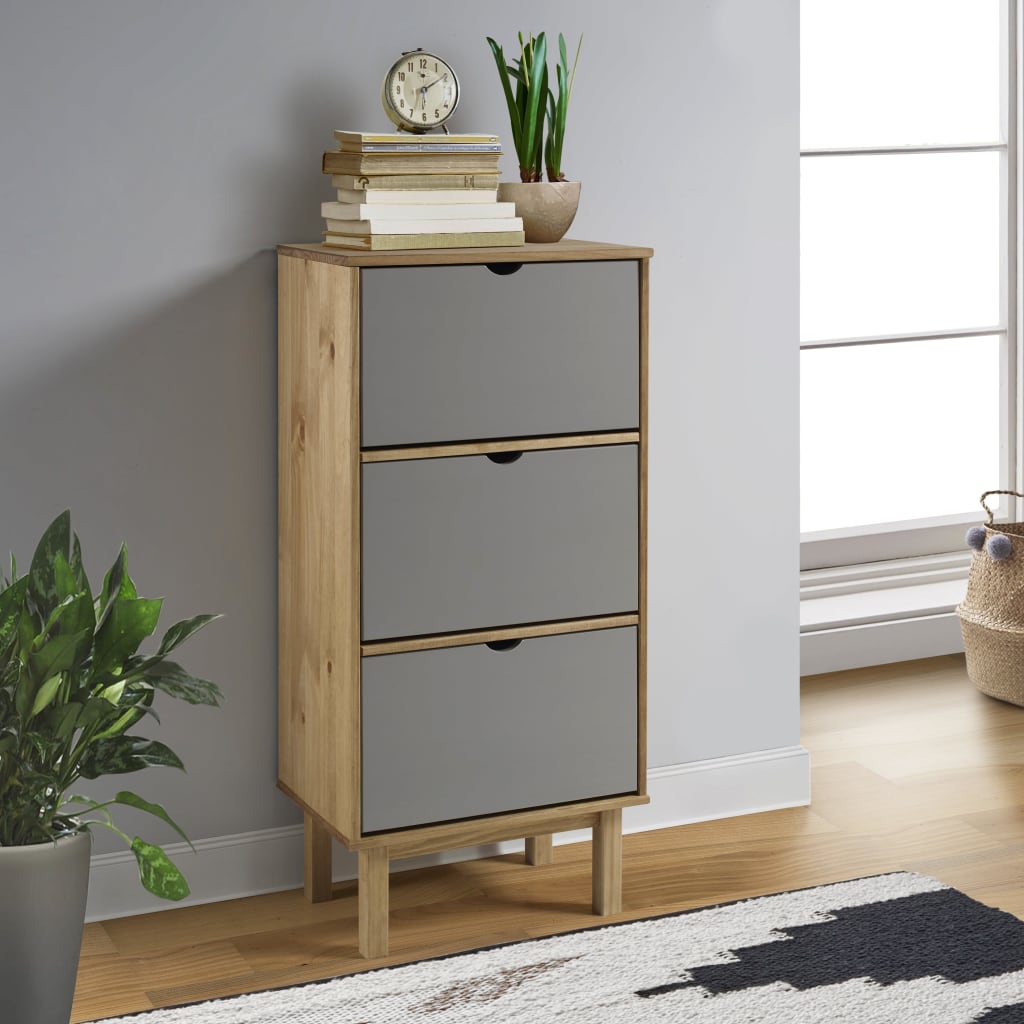 Armoire à chaussures 3 tiroirs Marron et gris Bois pin massif