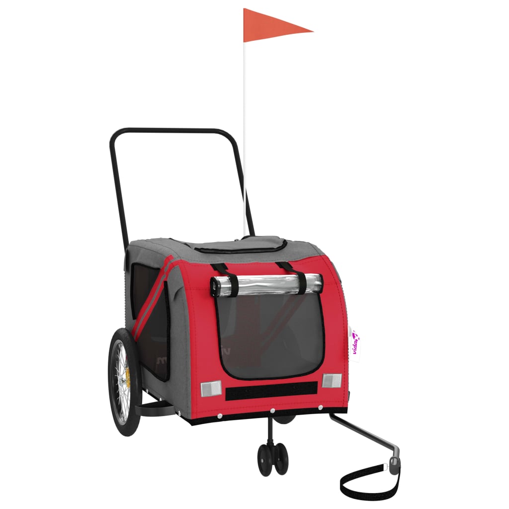 Remorque de vélo pour chien rouge et gris tissu oxford et fer