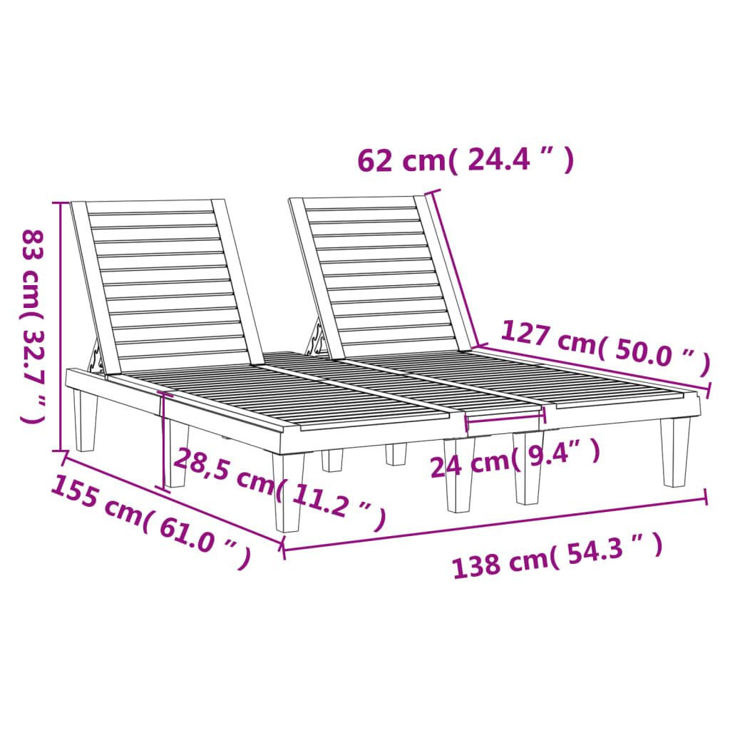 Chaise longue double noir 155x138x83 cm polypropylène