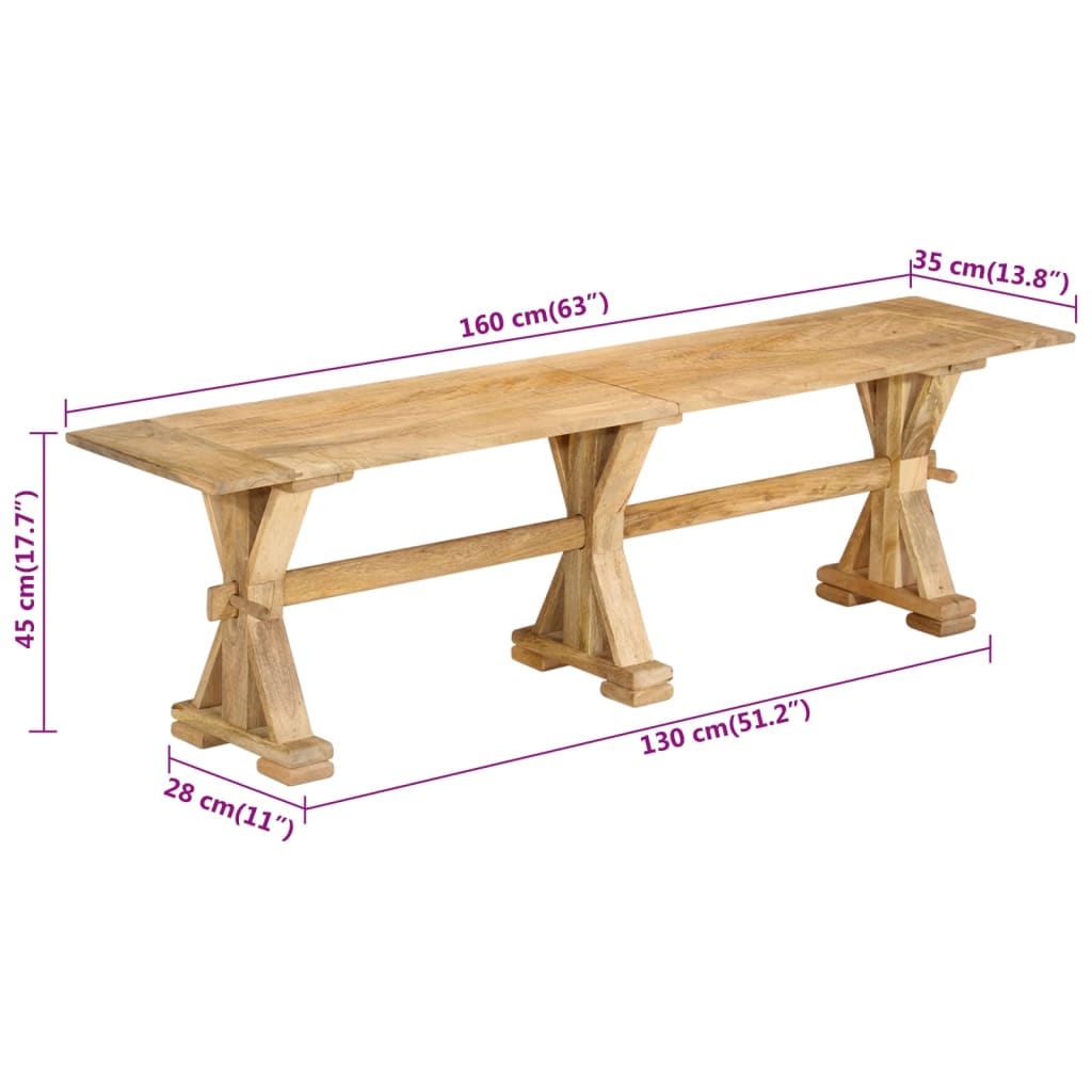 Banc 160x35x45 cm bois massif de manguier